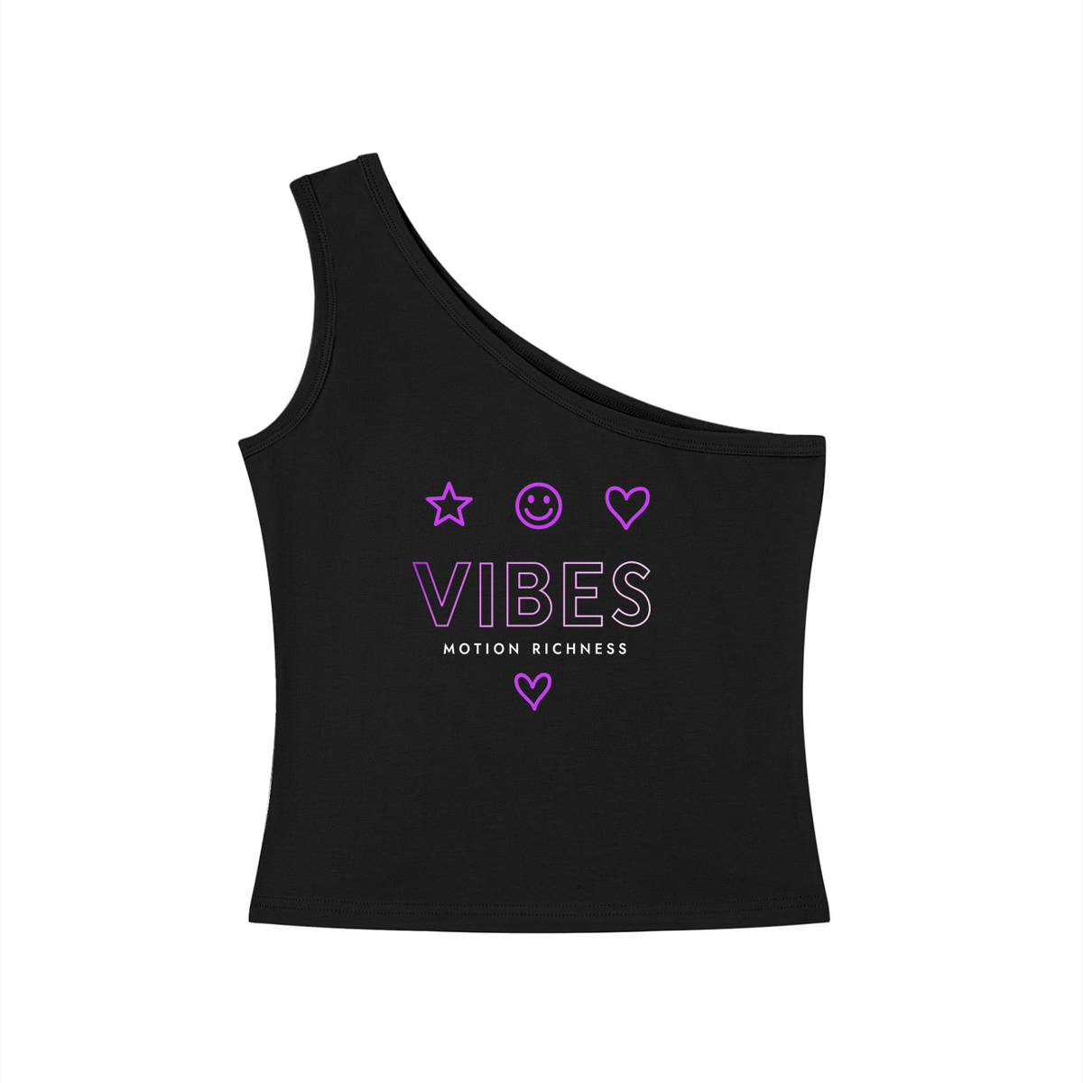 Black one-shoulder crop tank top with Vibes Motion Richness lettering and purple star, smiley face, and heart graphics.