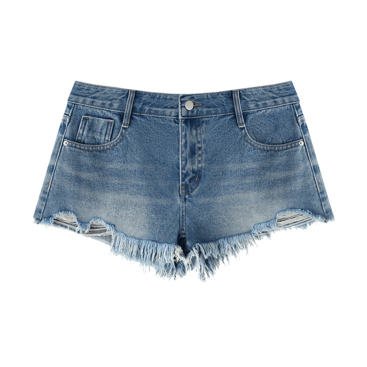 Blue vintage-wash denim shorts with distressed details and frayed raw hems on a white background