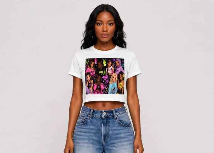A woman modeling a white cropped graphic T-shirt with a colorful band print, paired with high-waisted, wide-leg blue jeans, against a plain light gray studio background.