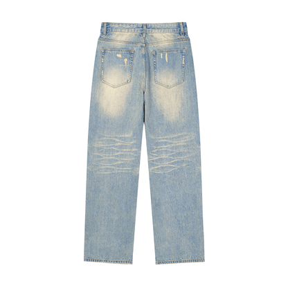 Vibes( Unisex )Slim Stacked Sun Fade Raw Hem Denim Jeans - FASHION VIBES
